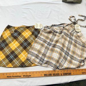 2 Altar'd State Skirts XS Gold Brown Plaid Checkered Pattern Wrap Tie